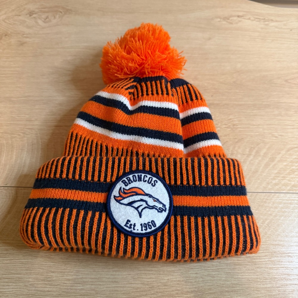 Denver Broncos New Era Youth Beanie Hat Orange Navy NFL 100th Anniversary Pom
